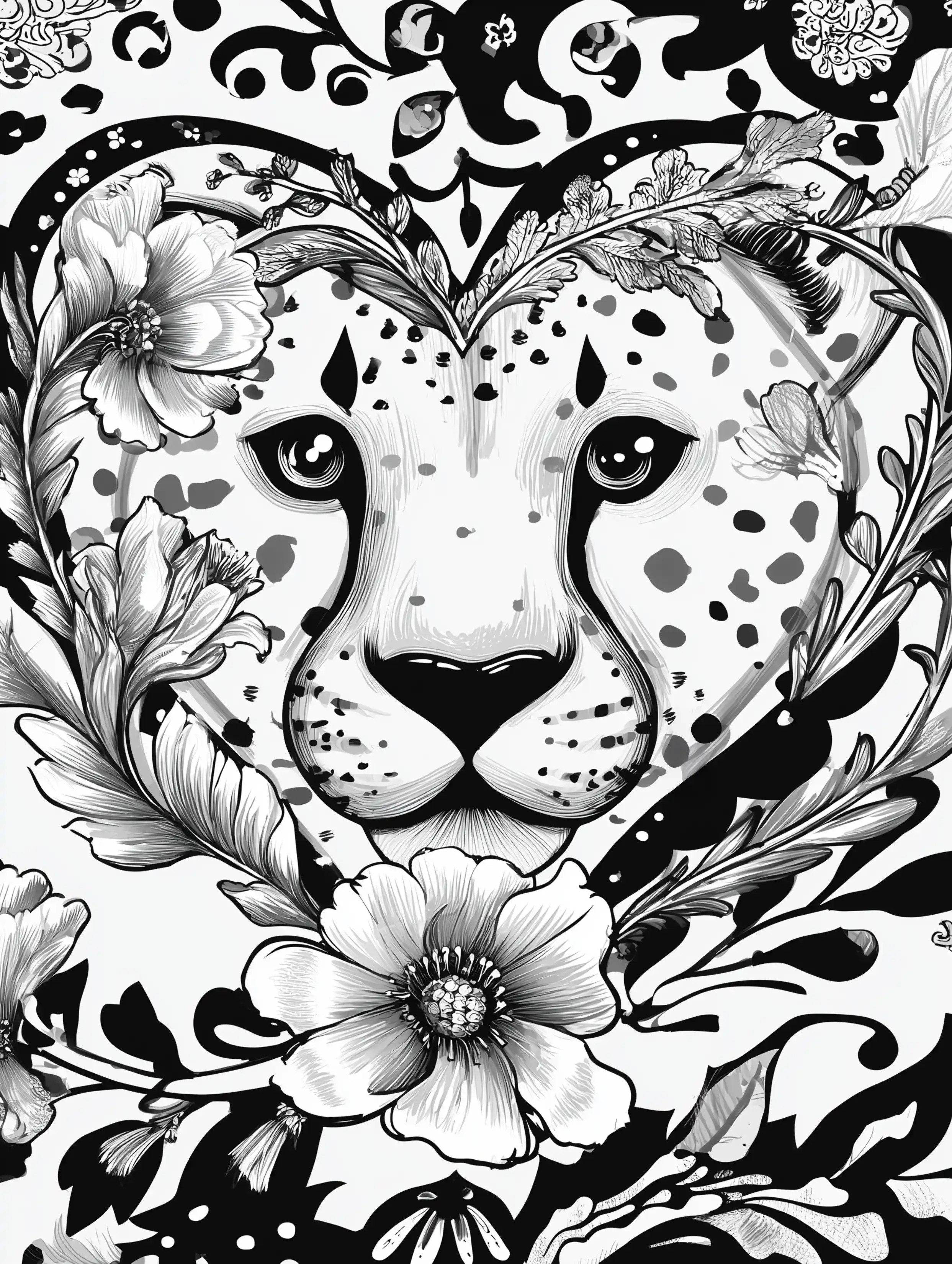 Free cheetah printable coloring page featuring a cheetah with a heart shaped face design